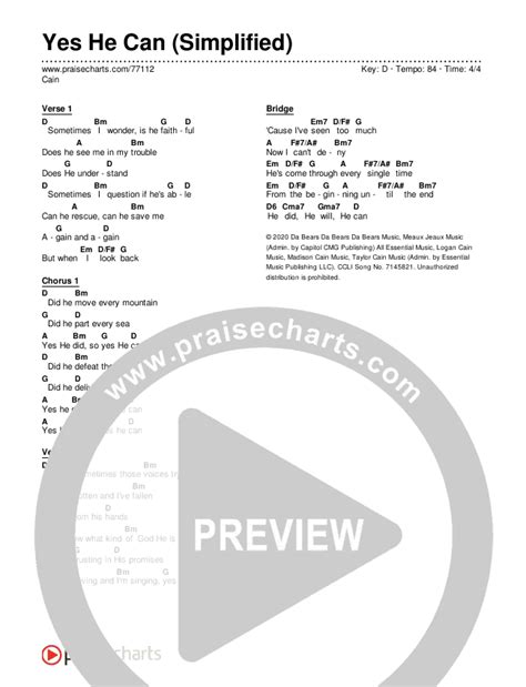 Yes He Can (Simplified) Chords PDF (CAIN) - PraiseCharts