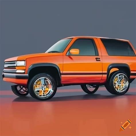 Customized orange 1993 tahoe with flashy rims on Craiyon
