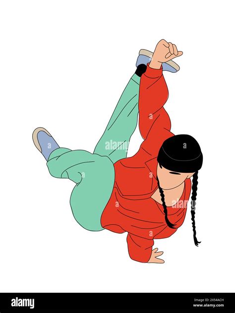 Teenager girl dancer hip hop, breakdance colored outline vector drawing on white background ...