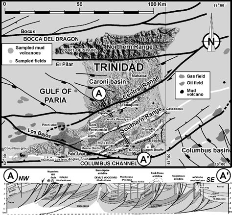 Geological map of Trinidad and sample location (mud volcanoes as well ...