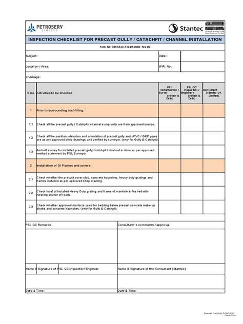 C8516-CLT-QMT-0002 Rev.02-Inspection Checklist For Precast Gully Installation | PDF ...