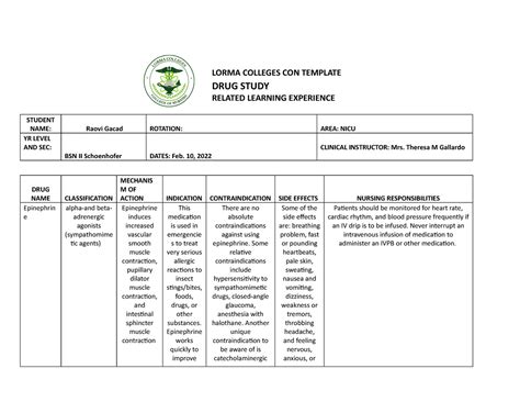 DRUG Study document - LORMA COLLEGES CON TEMPLATE DRUG STUDY RELATED LEARNING EXPERIENCE STUDENT ...