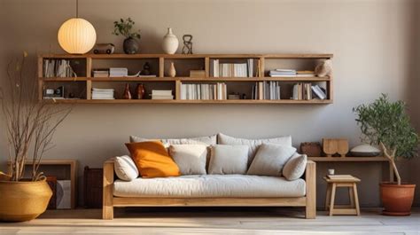 Premium AI Image | furniture beige with wooden shelving unit and lamp ...