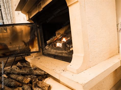 Beautiful flame fireplace. Wood burning bright flames in a fireplace ...