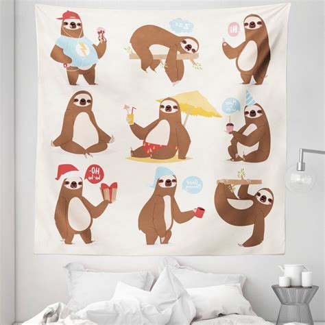 Sloth Tapestry, Funny Sluggard Animal Character Different Poses Lazy Cartoon Mammal, Fabric Wall ...