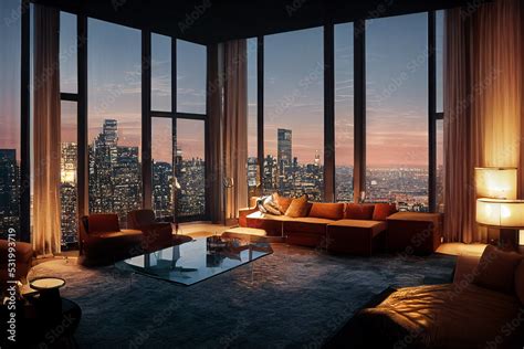 Modern interior design - luxury penthouse apartment in New York city illustration Stock ...