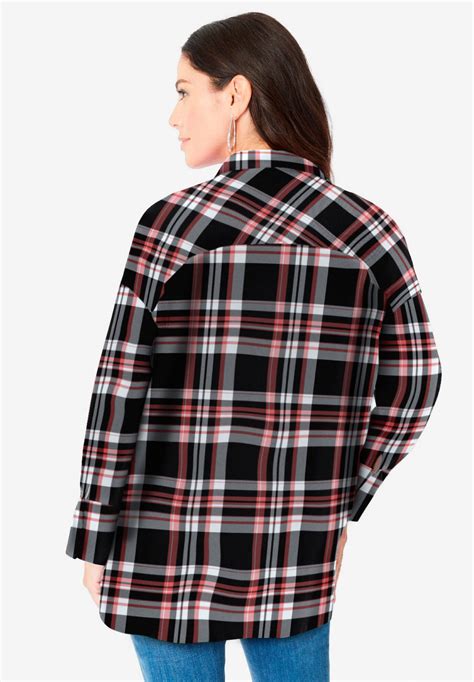 Fashionable Flannel Tunic, Black Coral Plaid | Roaman's