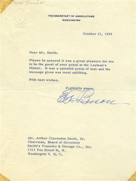 Autograph - 04-021 Ezra Taft Benson typed letter signed 10-21-1955