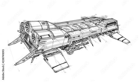 Black and white ink concept art drawing of futuristic or sci-fi spaceship or spacecraft. Stock ...