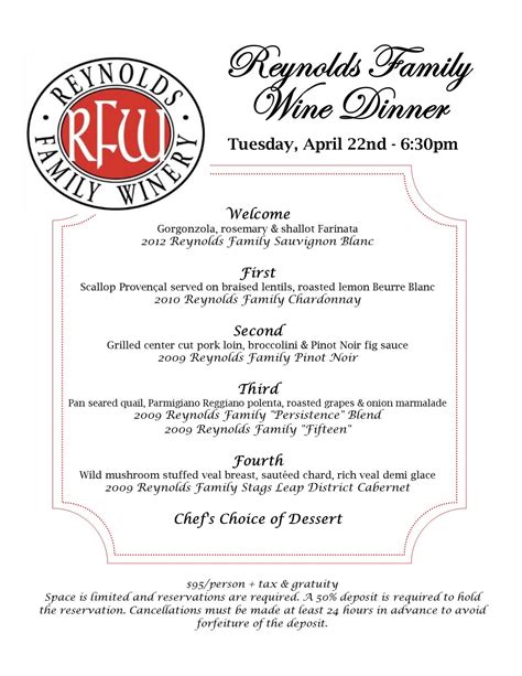 Reynolds Family Wine Dinner menu | Wine dinner, Dinner menu, Dinner