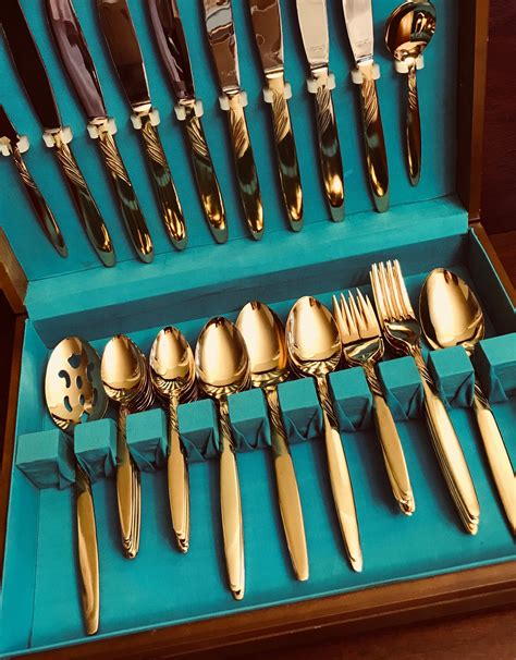 Vintage Gold Flatware, complete 48 piece service for 8, hostess serving pieces, elegant 23 Karat ...