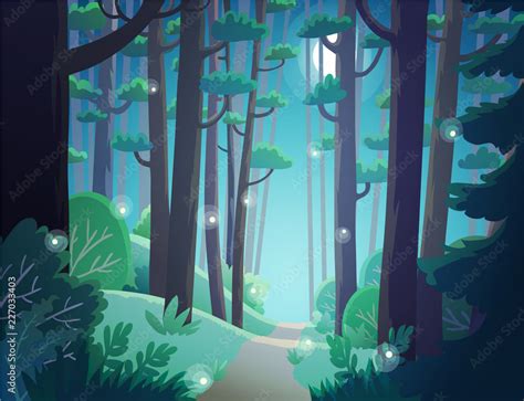 Cartoon forest at night lightened by the moon and the fireflies. Background vector illustration ...