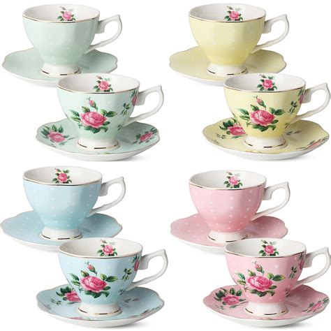 BTaT- Floral Tea Cups and Saucers, Set of 8 (8 oz) Multi-color with Gold Trim and Gift Box ...