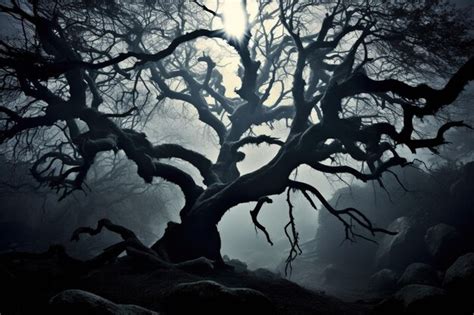 Premium AI Image | Gnarled tree branches reaching out from the mist bathed in pale moonlight