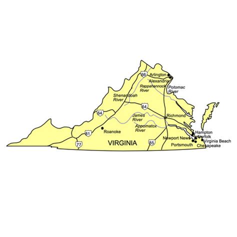 Virginia US State PowerPoint Map, Highways, Waterways, Capital and Major Cities - MAPS for Design