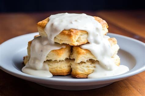 Premium AI Image | Biscuits and Gravy Soft Biscuits Smothered in White ...