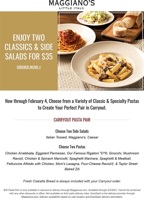 2 pasta entrees + side salads = $35 at Maggianos Little Italy #maggianoslittleitaly | The ...