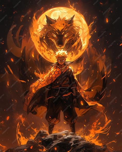 Premium AI Image | anime character with a fire demon on his back standing on a rock generative ai