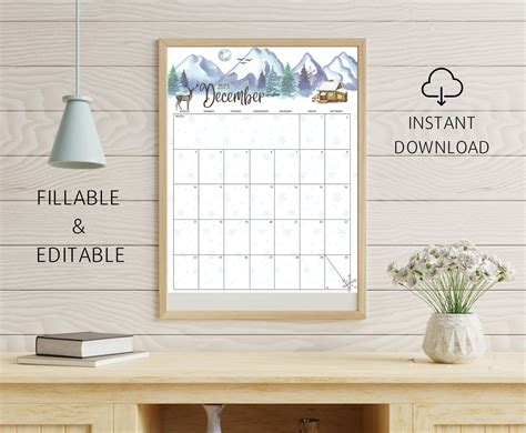 EDITABLE December 2023 Calendar, Beautiful Winter, Snowy Mountains ...