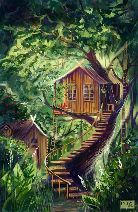 Treehouse by Lo-Lo-Liya on deviantART | Tree house, Dreamy art, Cottage art