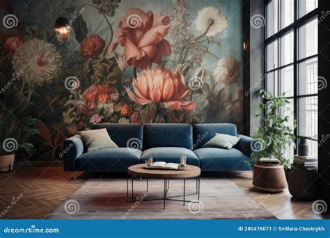 Modern Living Room Interior, Beautiful Floral Mural, Flowers on Wall ...