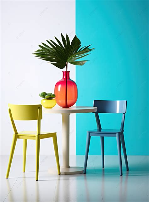 A White Table Has Three Chairs In Bright Colours Background Wallpaper ...