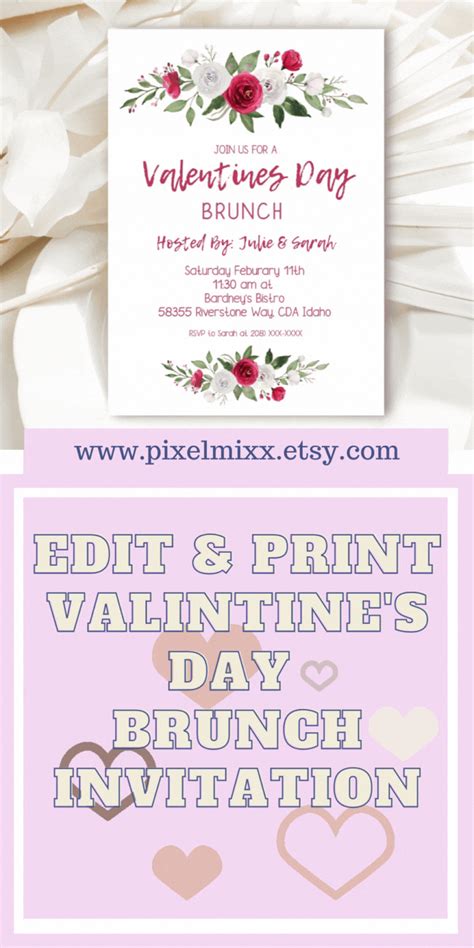 valentine's day bridal party flyer with flowers and hearts on the front, in pink