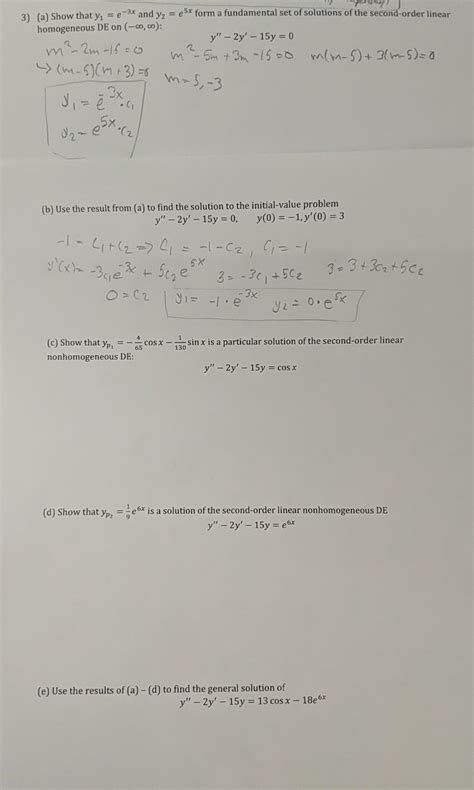 Solved 2 3) (a) Show that yı = e-3x and y2 = 5x form a | Chegg.com