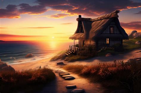 Premium AI Image | Thatched house on the seashore with view of the ocean and majestic sunsets