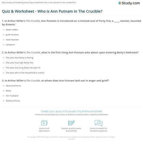 Quiz & Worksheet - Who is Ann Putnam in The Crucible? | Study.com