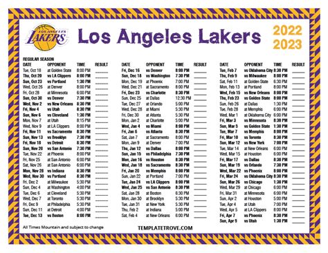 Printable 2022-2023 Los Angeles Lakers Schedule