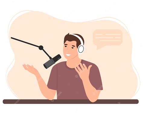 Premium Vector | Cute cartoon young man in a headphones talking and recording online podcast ...