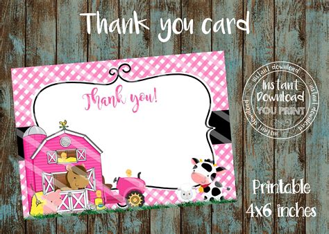 Printable Farm Thank You Card Farm Birthday Thank You Card - Etsy ...