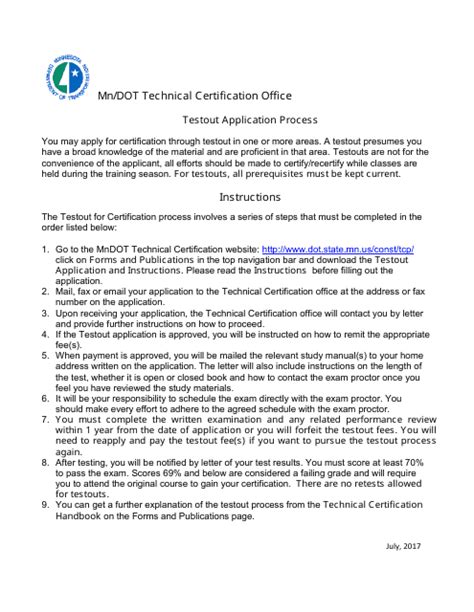 Minnesota Test-Out Application for Mn/Dot Technical Certification - Fill Out, Sign Online and ...