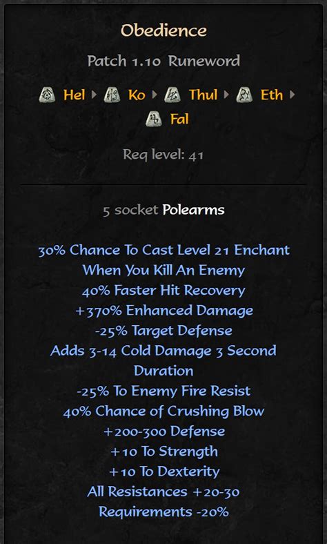 Obedience Runeword : Hel Ko Thul Eth Fal Non-Ladder Softcore Fas... | ID 196525432 | PlayerAuctions