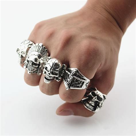 2017 New Gothic Biker Rings Mens Anti Silver Retro Skull Carved Punk ...