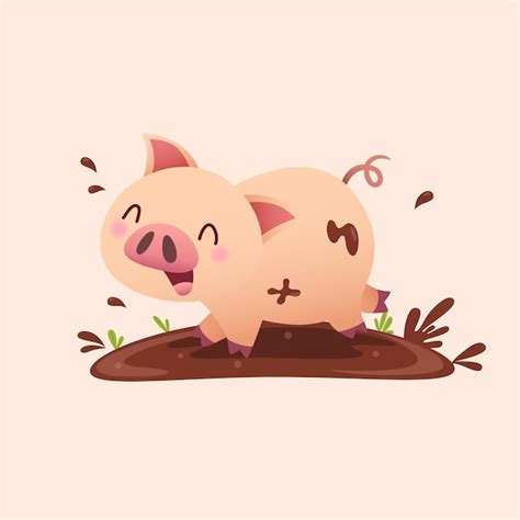 Premium Vector | Cartoon pig playing in the mud.