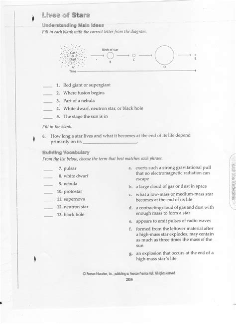 Stellar Evolution Worksheet