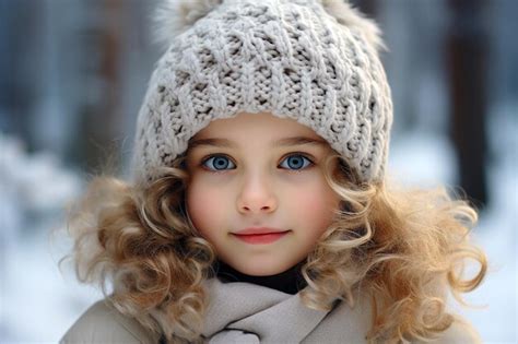 Premium AI Image | Portrait of a beautiful little girl in a knitted hat and coat on a background ...