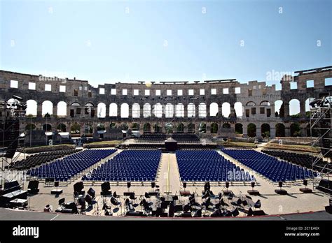 internal view of the arena of the amphitheater with chairs for a concert in Pula, Croatia Stock ...