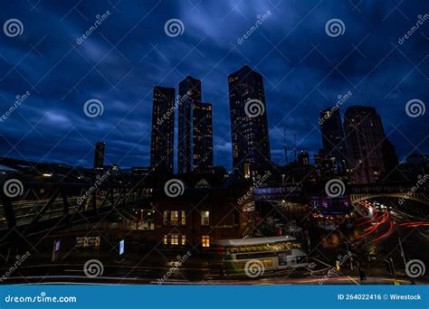 Night View of Deansgate Square with Its Four Skyscraper Towers Under the Cloudy Sky Editorial ...