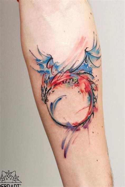 dragon-forearm-tattoo-watercolor-ouruboros-dragon-blure-red-purple-green-white-background ...