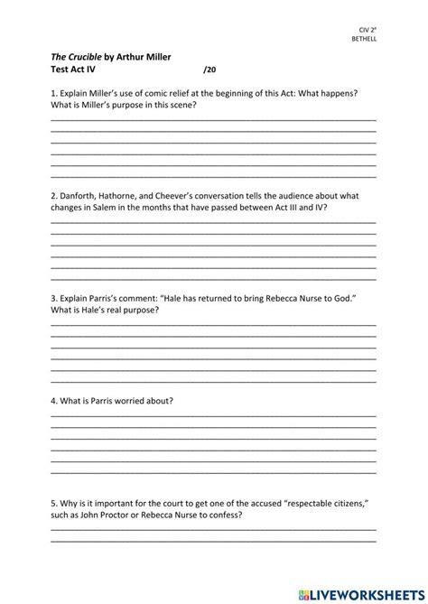 The Crucible Act IV Test worksheet | Live Worksheets - Worksheets Library