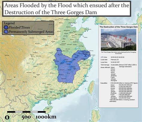 Map of the ensuing flood caused by the bursting of the Three Gorges Dam in the 2017 Chinese ...