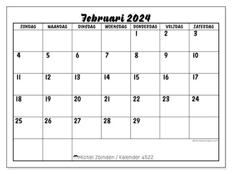 Kalender februari 2024 om af te drukken “45ZZ” - Michel Zbinden NL