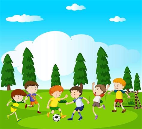 Boys playing soccer in park 431815 Vector Art at Vecteezy