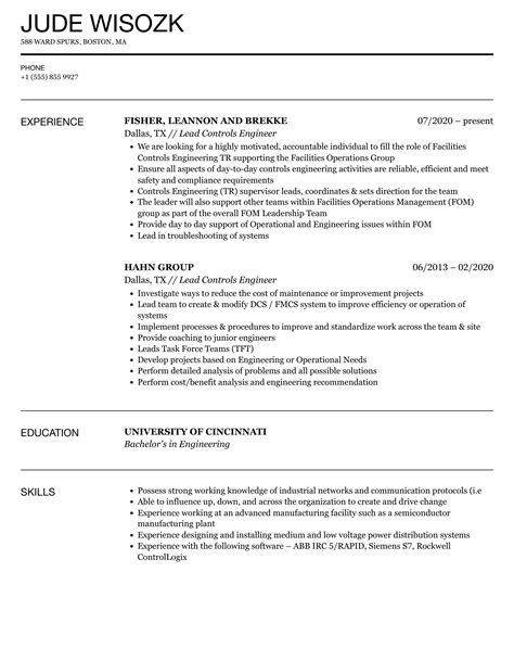 Lead Controls Engineer Resume Samples | Velvet Jobs