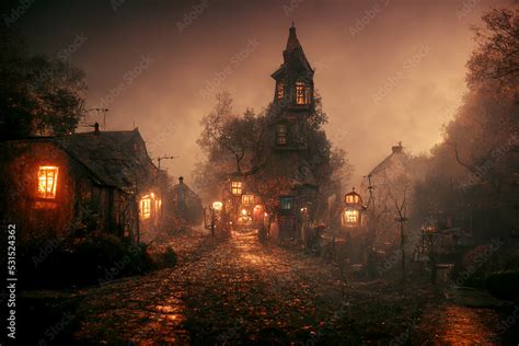 Mystical Autumn Night in the Old Ghost Village 3D Art Illustration ...