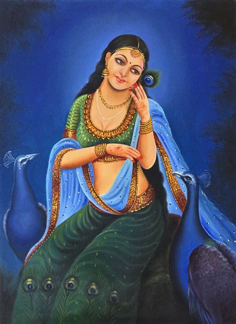 Rajasthan Lady Painting Handmade Indian Damsel Peacock Wall Decor Canvas Oil Art