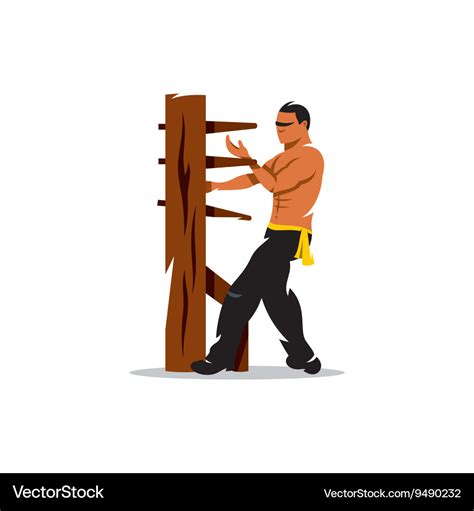 Wing chun kung fu man at a wooden dummy Royalty Free Vector